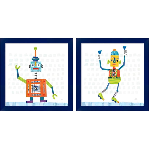 Great Art Now Robot Party on Squares B by Melissa Averinos, 2 Piece Framed Art Set Each 14"W x 14"H