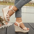 thumbnail image 4 of Rokment Platform Wedge Dressy Sandals for Women Ladies 2026 Fashion Casual Metallic Buckles Ankle Strap Height Increasing Chunky Heeled Dress Beach Summer Shoes Bride Wedding Boho Beige Size 6.5, 4 of 7