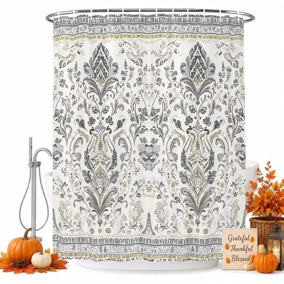 Ethnic Floral Shower Curtain, Waterproof Shower Curtains for Bathroom, Vintage Grey Country Leaves Symmetrical Washable Fabric Bathtub Curtain Set Bath Decor with 12 Hooks Extra Long 72"x96"
