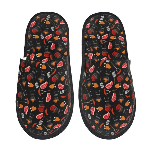 Fotbe BBQ Pantuflas Peludas para Mujer con Estampado, Zapatillas de Peluche, Zapatos de Invierno para Casa, Uso Interior y Exterior-Large