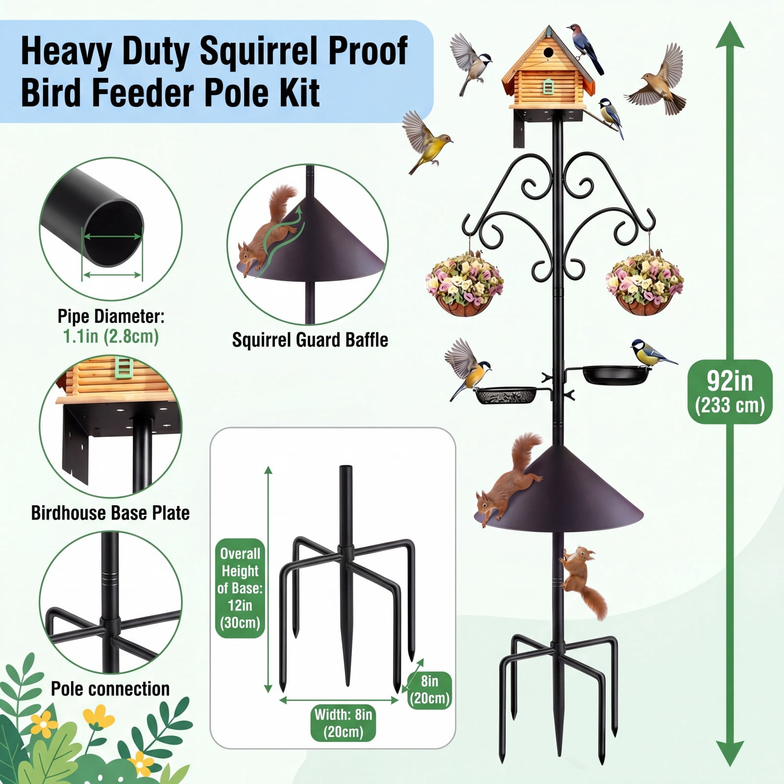 Heavy Duty Bird Feeder Pole,92 Inch Squirrel Proof Adjustable Bird Feeding Station,8 Shepherd Hooks for Feeder Stand, Includes Water Bowl and Mesh Tray,for Outdoor Garden & Yard