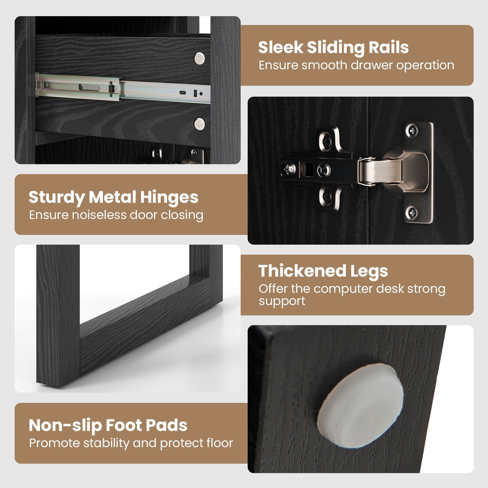 Costway Computer Desk with Storage Cabinet Pull-out Drawer Stable Thick Legs for Bedroom Black