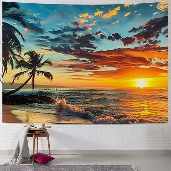 PRATYUS GHMO Ocean Tapestry Wall Hanging Art tapestry Exotic Nature Beach Palm Tree Sunrise Sunset Sky Landscape Aesthetic Tapestry Wide Wall Hanging for Bedroom Living Room Dorm Painting