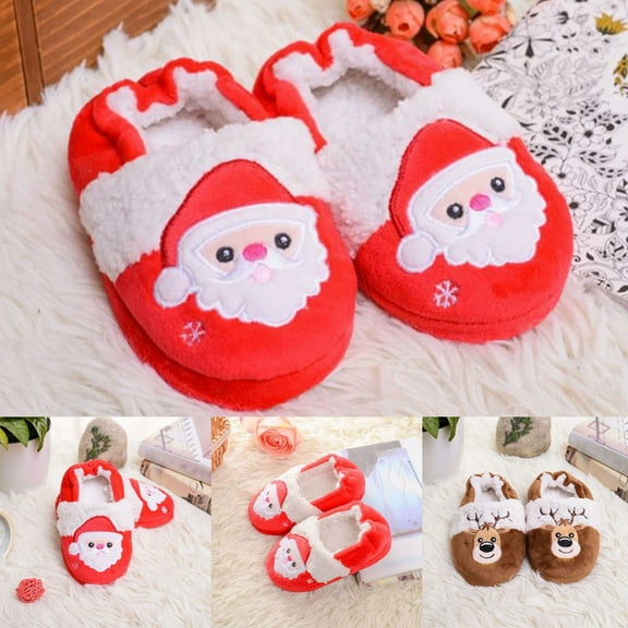 Girls Slippers Christmas Furry Flat Home Non Slip Winter Shoes Round Toe Keep Warm Closed Toe Slip On Toddler Shoes Brown Sizes 2-2.5 Y