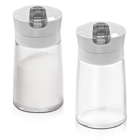 LELE LIFE 2Pcs Glass Sugar Dispenser with Auto Flip Pour Spout, Weighted Pourer Sugar Container, 8.5oz Sugar Bowl Shaker Jar Salt Dish Holder Coffee Bar Accessories, Gray