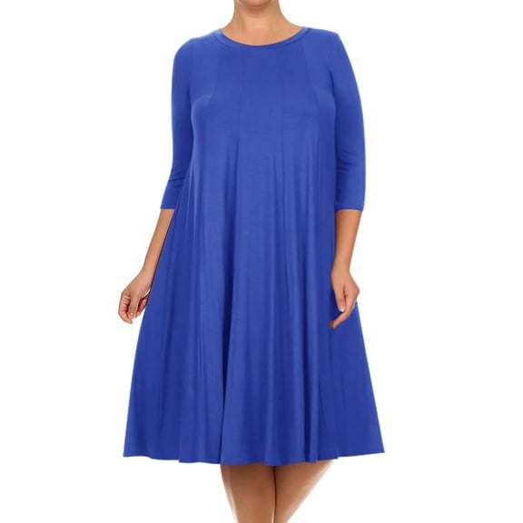 Women's Plus Size Casual 3/4 Sleeves Basic A-Line Pleated Solid Midi Dress Made in USA