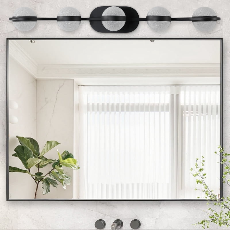 Modern Minimalist Bathroom Vanity Light, LED 5 Bulb Frosted Glass Shades, Wall Mounted Decorative Lighting Fixture, Suitable for Bathroom Vanity Mirror (Black)