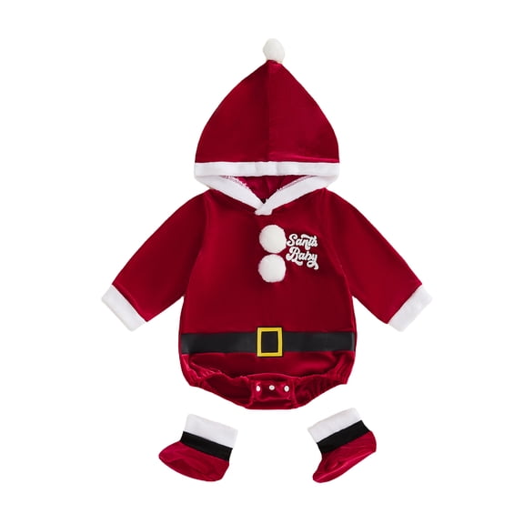 RUINIXCW Newborn Baby Boy Girl My First Christmas Outfit Velvet Romper Infant Santa Claus Costume Long Sleeve Fur Trim Red Hooded Jumpsuit with Socks