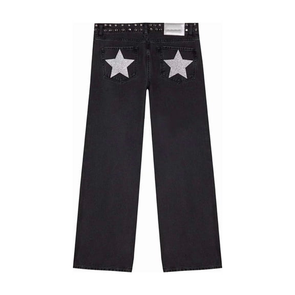 Y2k Studded Jeans for Women Vintage Star Low Rise Straight Leg Baggy Denim Pants Black S