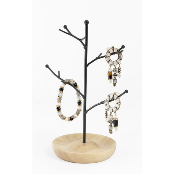 Mango Steam Jewelry Tree Hanger for Bracelets, Necklaces, Hoop Earrings, & Rings (Black, Tan Wood)