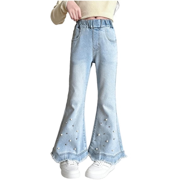 NAISIBABY Girls Flare Leg Jeans, Stretch High Waisted with Pockets Pearls Cute Fashion Denim Pants Blue Size 10-12