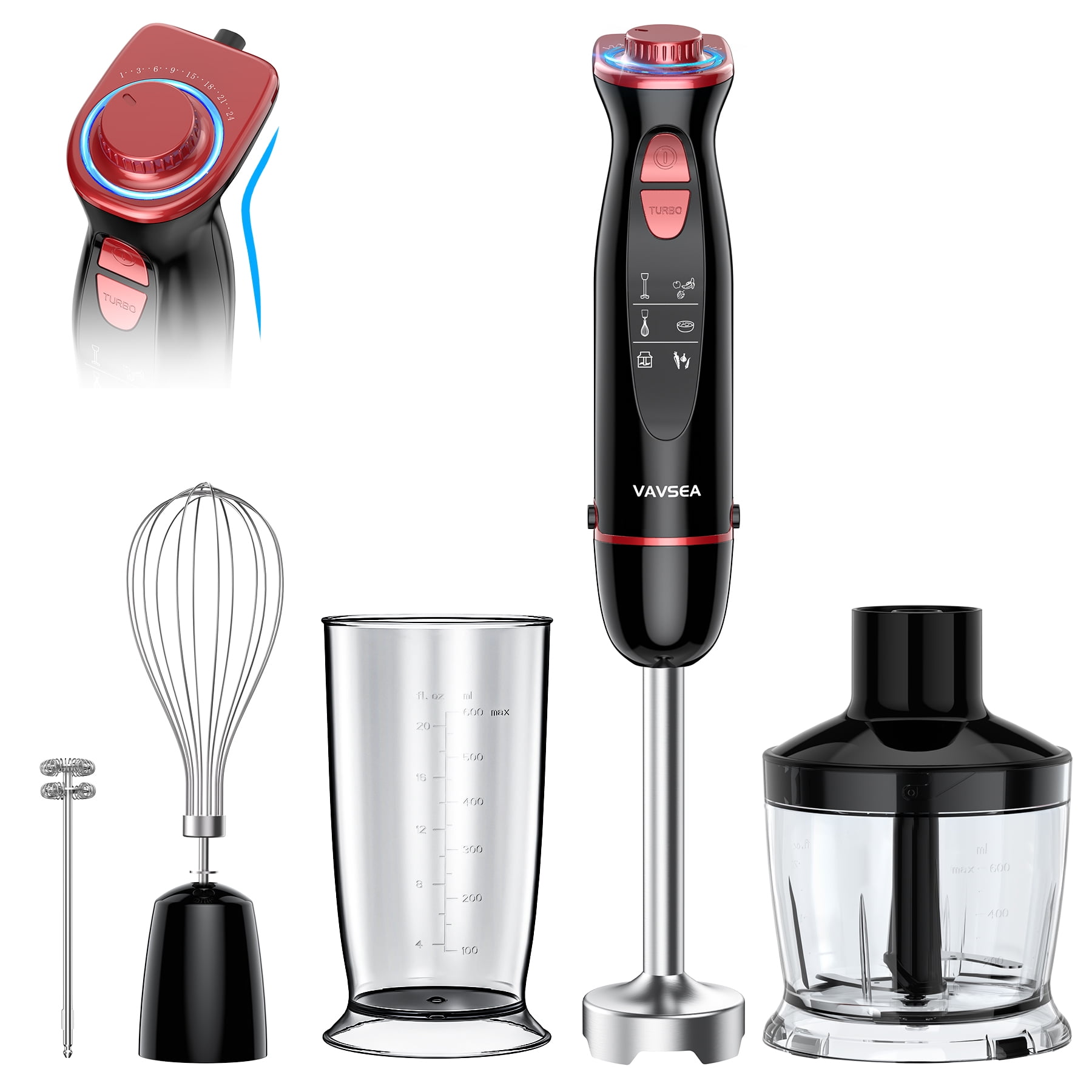 VAVSEA Immersion Blender, 1100W 5-in-1 Hand Blender, 24-Speed Stick Blender for Small Kitchen, Splash-Resistant Handheld Blender Mixer with Turbo Mode for Smoothies, Baby Food, Black