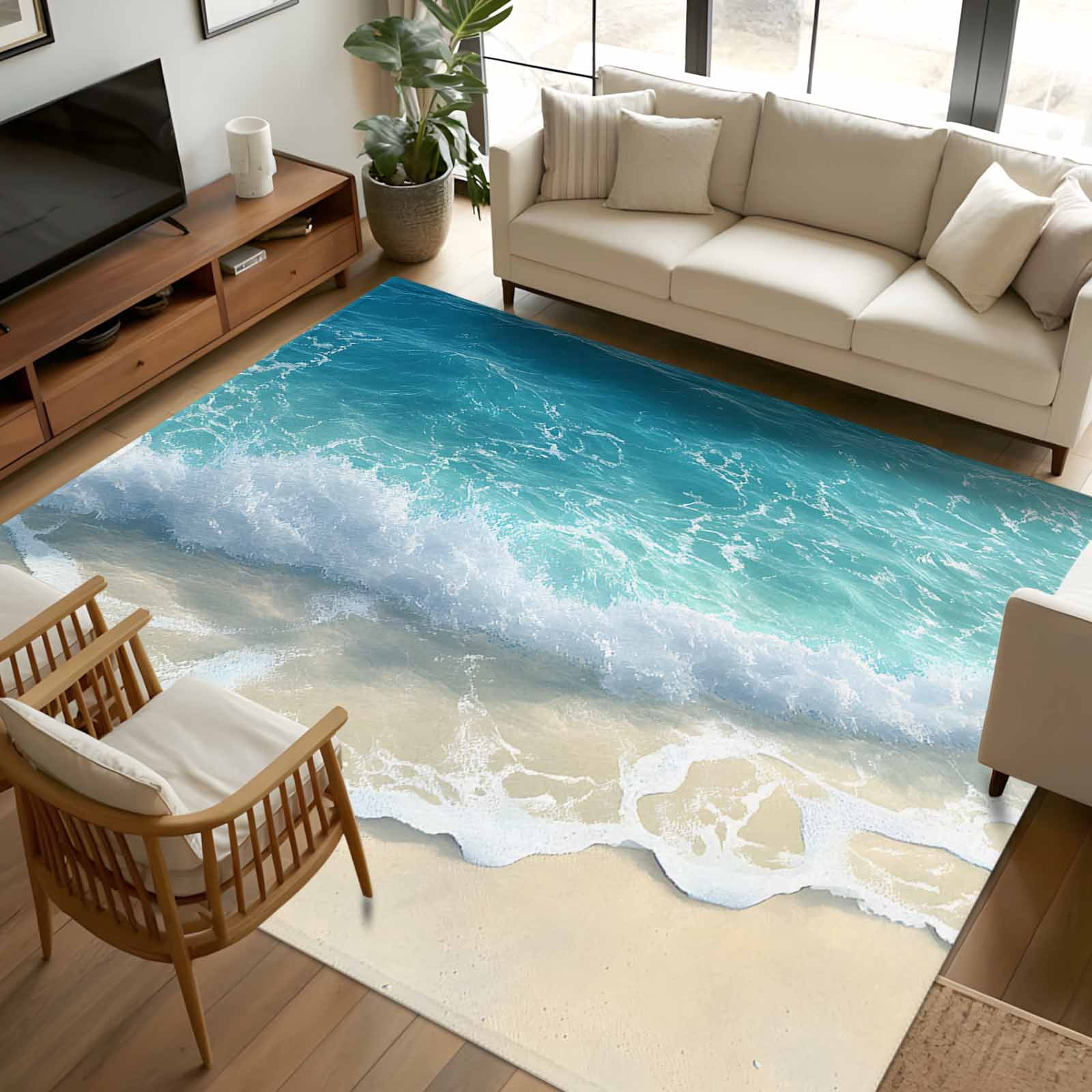 Summer Beach Coastal Area Rugs 5x8 for Living Room, Watercolor Seaside Waves Ocean Non Slip Washable Rug Runner, Low Pile Indoor Floor Carpet Mat Bathroom Rugs for Bedroom, Kids Room