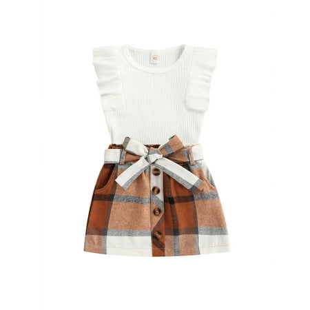 

Canrulo Toddler Baby Girls Ruffle Ribbed Sleeveless Vest Tops High Waist Plaids Button Mini Skirt Outfits White 9-12 Months