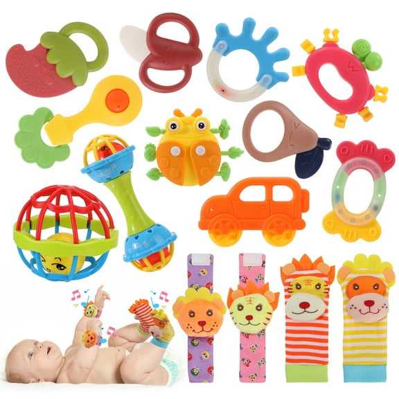 KABOER 18 Pcs Baby Rattles 0-6 Months, Baby Wrist Rattles & Foot Finders Sock, Newborn Hand and Foot Rattles/Teething Toy for Babies, Newborn Baby Boy Girl Rattles Gifts Set