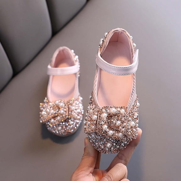 Bxsruta Girls' Rhinestone and Pearl Bow Mary Jane Flats with Elastic Strap, Sequins Dress Shoes for Party and Wedding