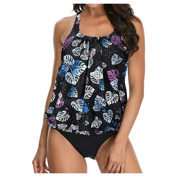 Wocleiliy Wocleiliy Swimsuit Sleeveless Round Neck Solid Print Split Two Piece Swimwear Bikini Set Walmart Com Walmart Com
