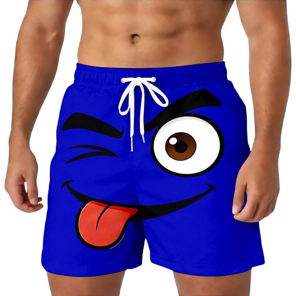 Qicasul Men's Funny Cartoon Face Print Shorts, 3D Funny Expression Casual Summer Pants with Elastic Waist,Dark Blue,L