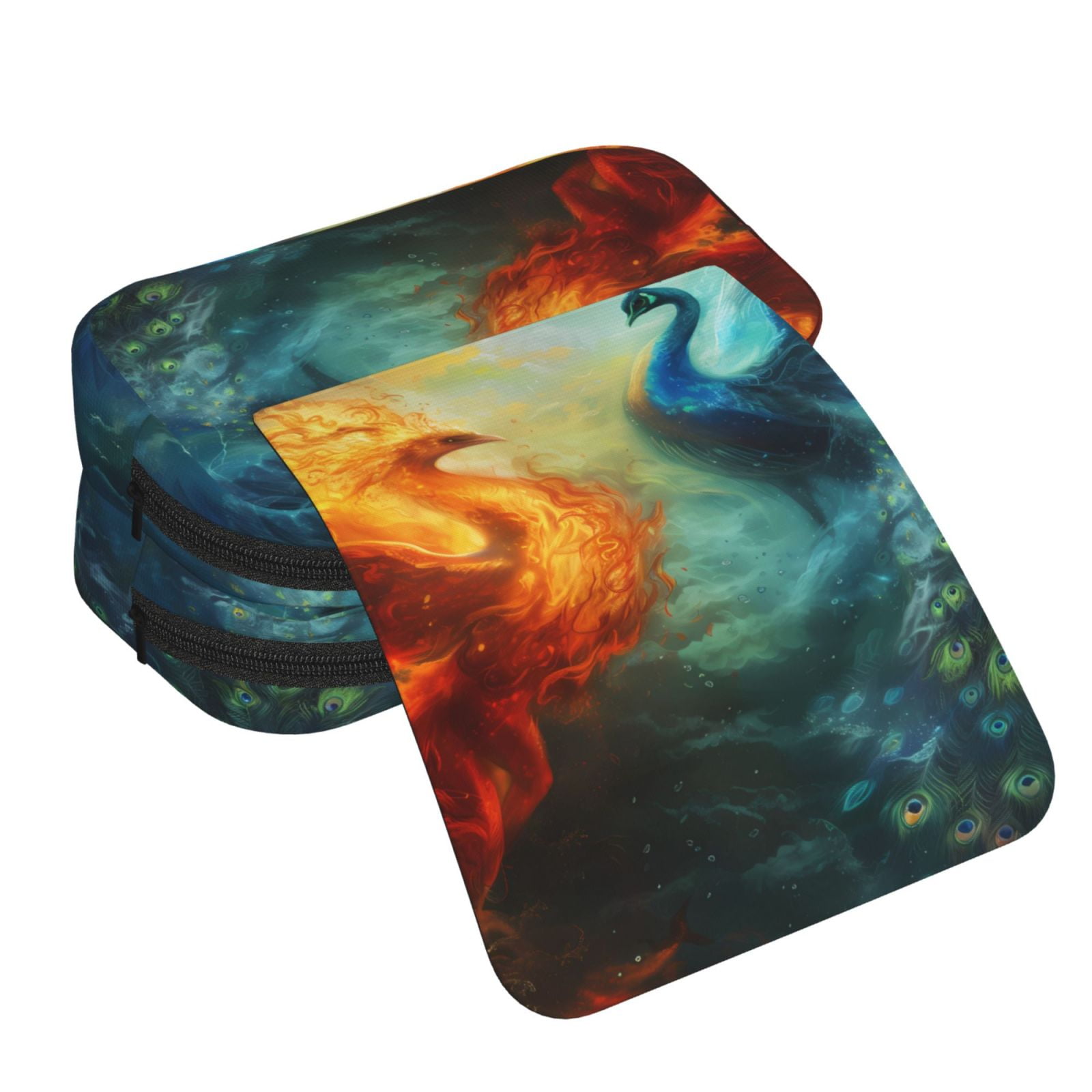 Rateoe Red And Blue Fire Peacock Pattern Double Clamshell Pen Case, Storage Organizer with Two Zipper Compartments– Holds Up to 50 Pencils & Pens