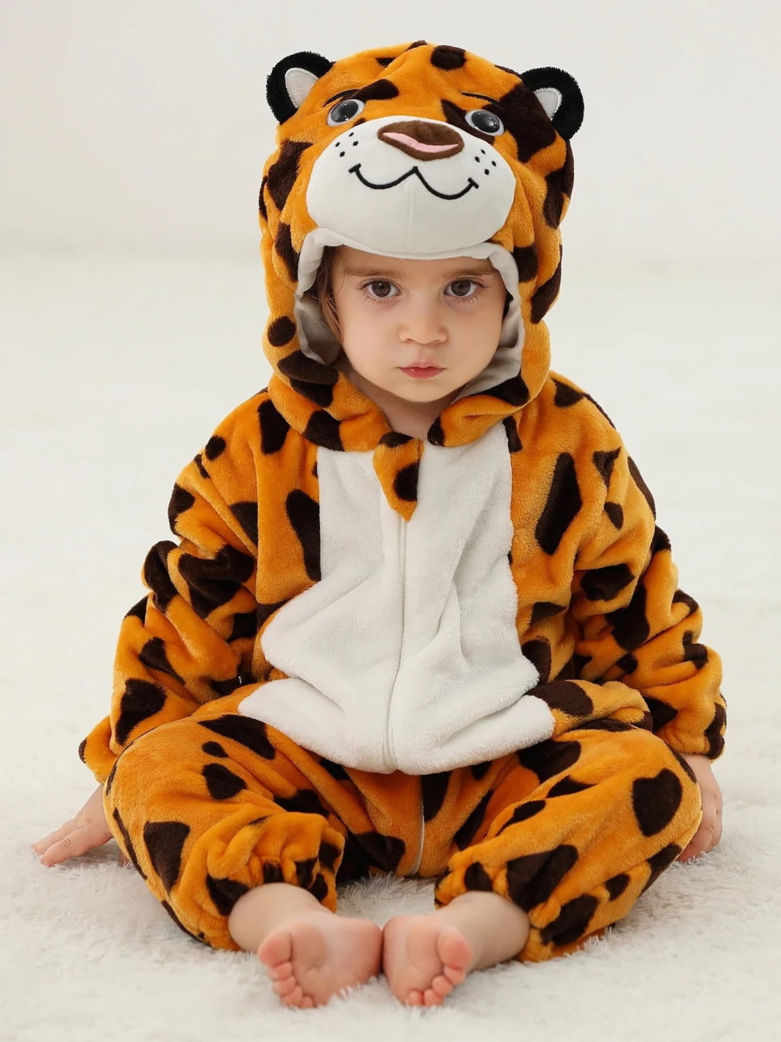 ATAIKU Baby Animal Leopard Onesie Flannel Hooded Romper for Infant Winter Playsuit Jumpsuit for Boys and Girls Toddler Overall Outfit