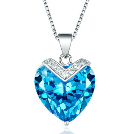 Devuggo Sterling Silver Simulated Blue Topaz Heart Shaped Pendant Necklace, 18
