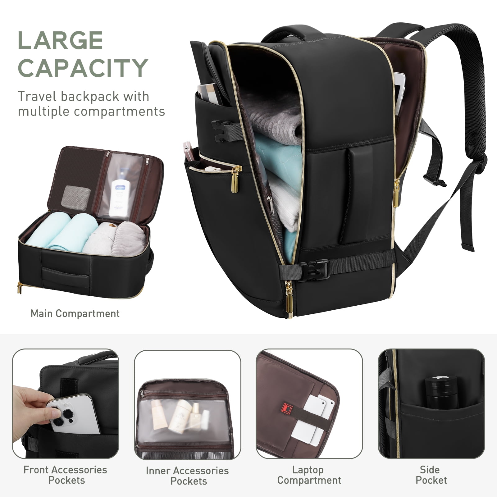 CshidWorld Travel Backpack for Men Women, Airplane Approved Carry on Backpack with 3 Packing Cubes, 40L Travel Bag Fits 17inch Laptop, Travel Essentials Backpack for Weekender Business Hiking, Black