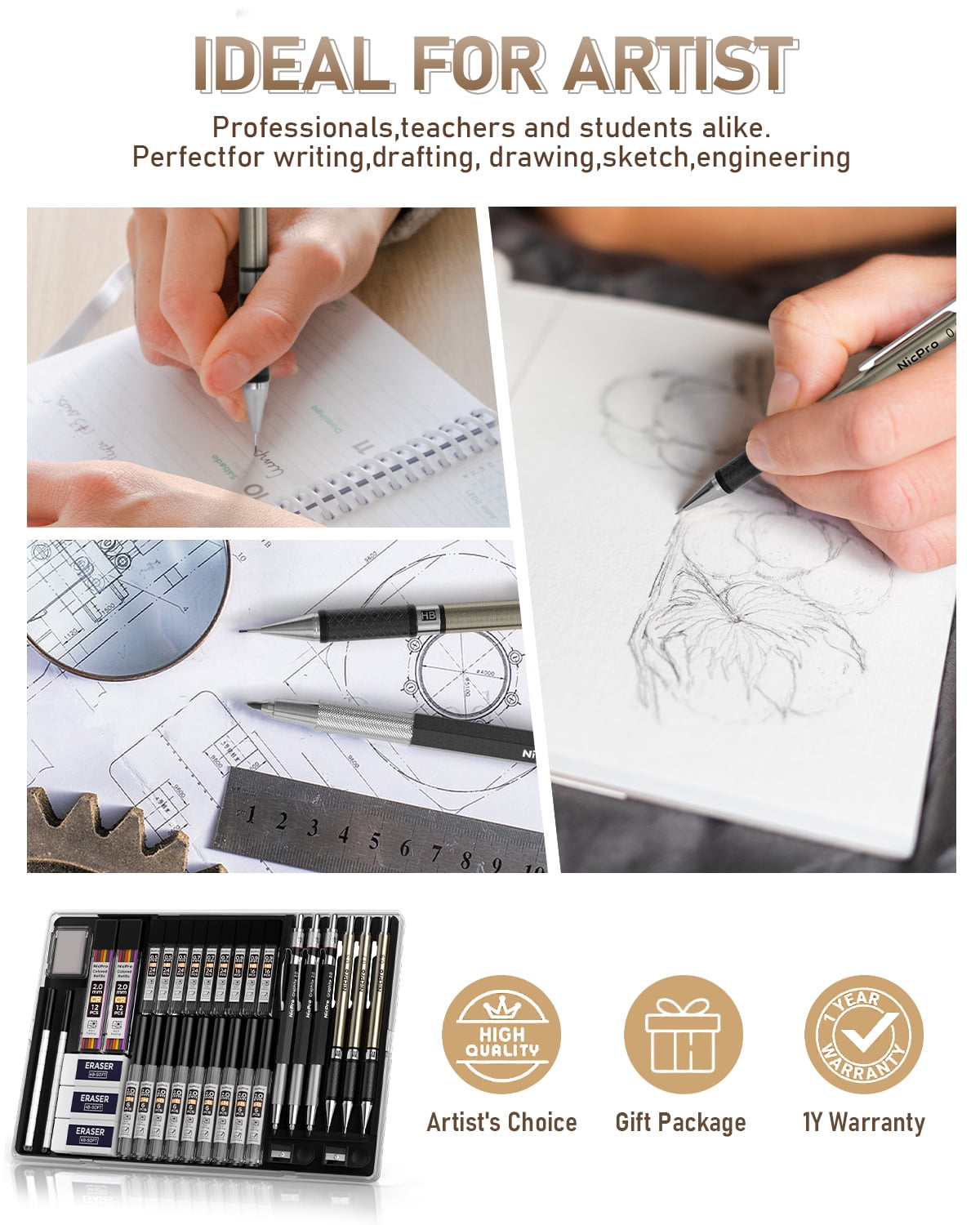 Nicpro 6 Pcs Metal Mechanical Pencils, Drafting Pencil 0.5 mm & 0.7 mm & 0.9 mm & 3 Pcs 2mm Lead Holder (6B 4B 2B HB 2H 4H Colors) with 20 Tube Lead Refills Case