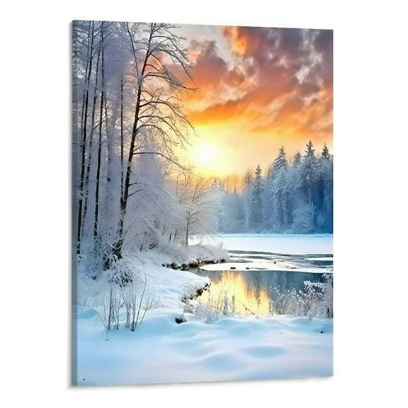 Shiartex Fall Decor Snow Forest Trees Sunrise Canvas Wall Art Picture 16x20in for Living Room Bedroom 16x20in