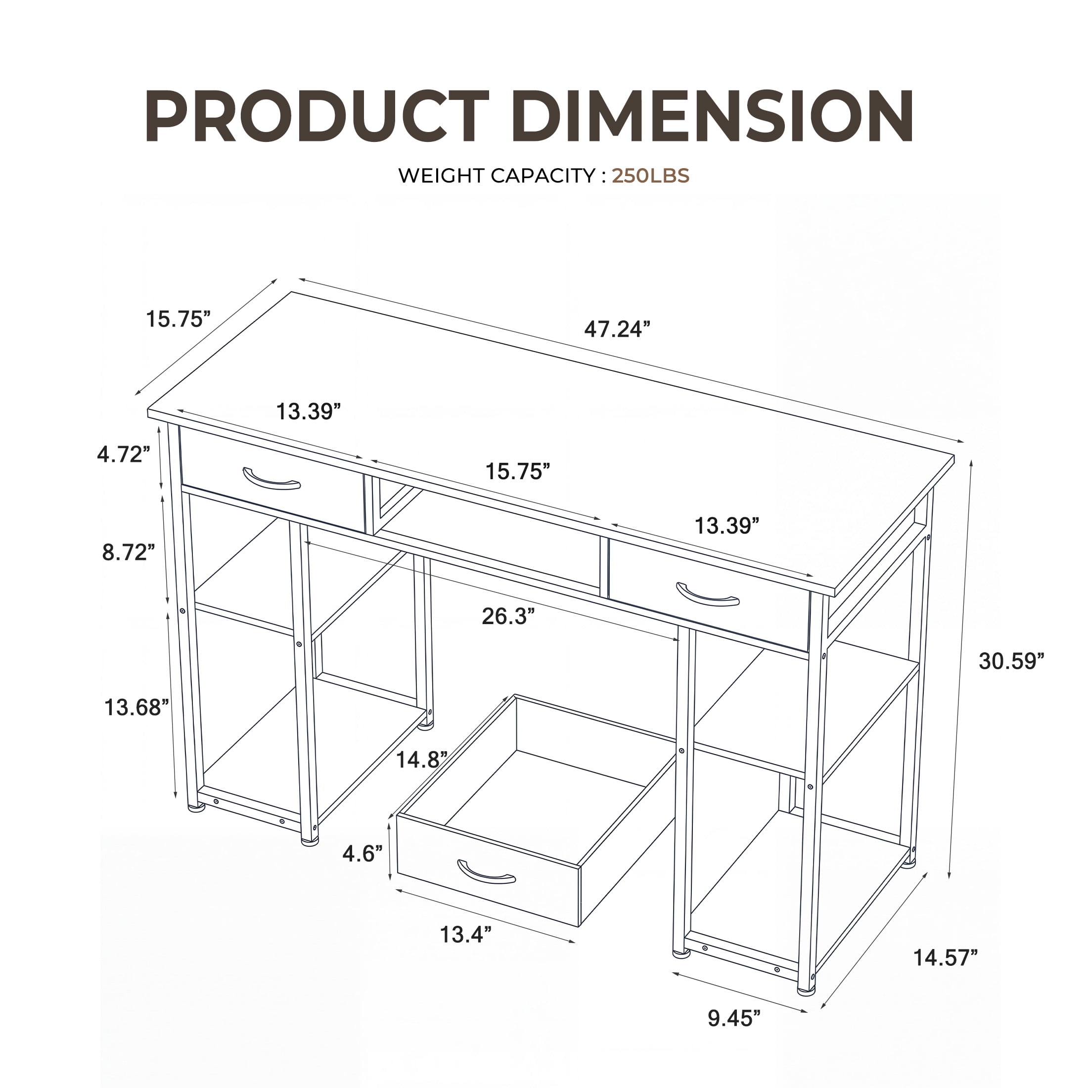 edx Small Desk with Fabric Drawers & Storage Shelves, 48 Inch Computer Desk Modern Writing Desk Study Table for Home Office, Brown Rust