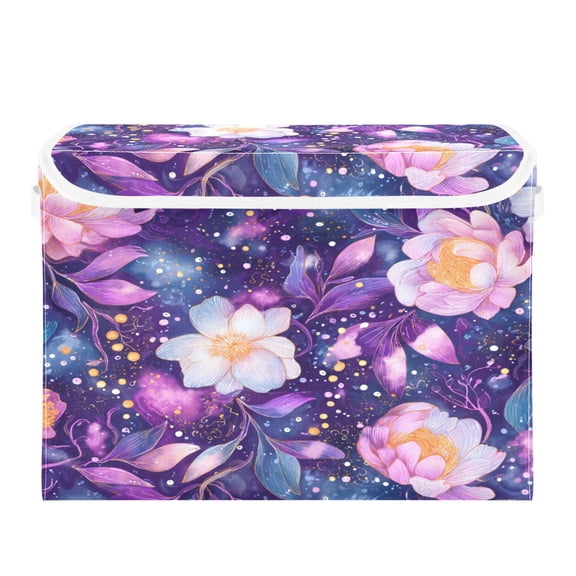 Storage Box With Lid 16.5x12.6x11.8In Foldable Stacked Household Storage Box Purple Cartoon Flowers