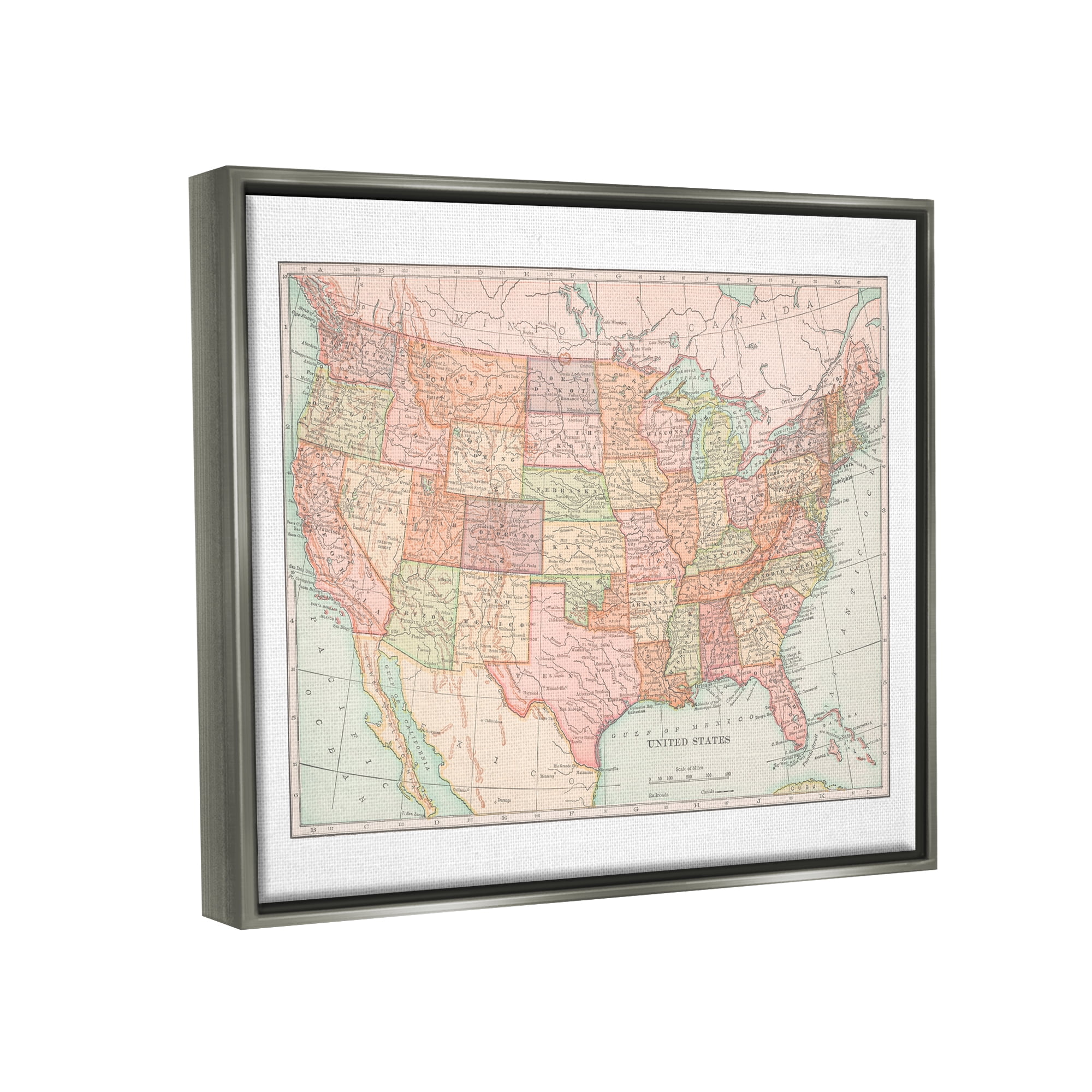 Stupell Industries Traditional USA Map Travel & Places Painting Gray Floater Framed Art Print Wall Art, 21 x 17