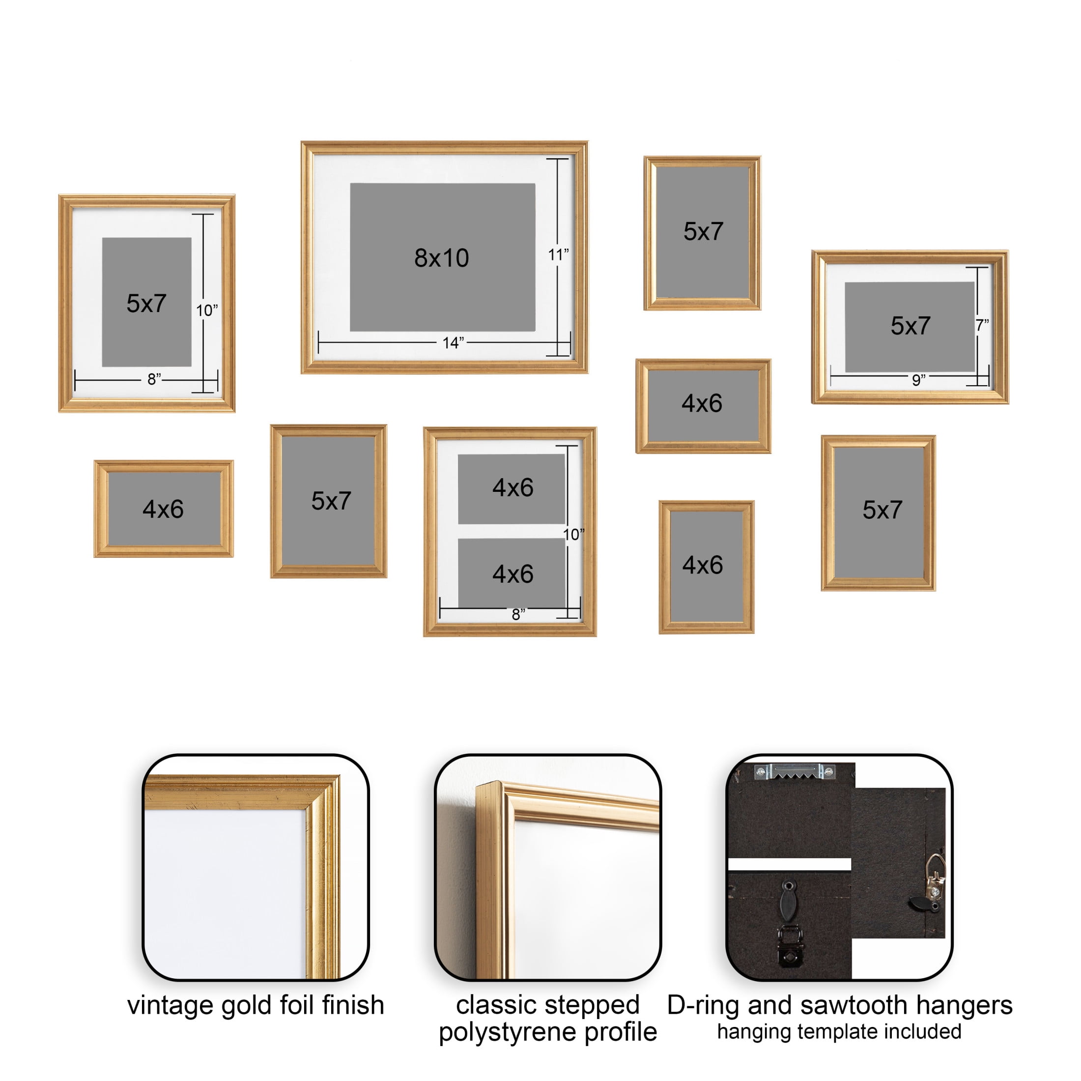 Kate And Laurel Adlynn Traditional Picture Frame Set, Set Of 10, Varying Sizes, Gold, Vintage Wall Frame Set Collection with Hanging Template for Gallery Wall Picture Frame Display