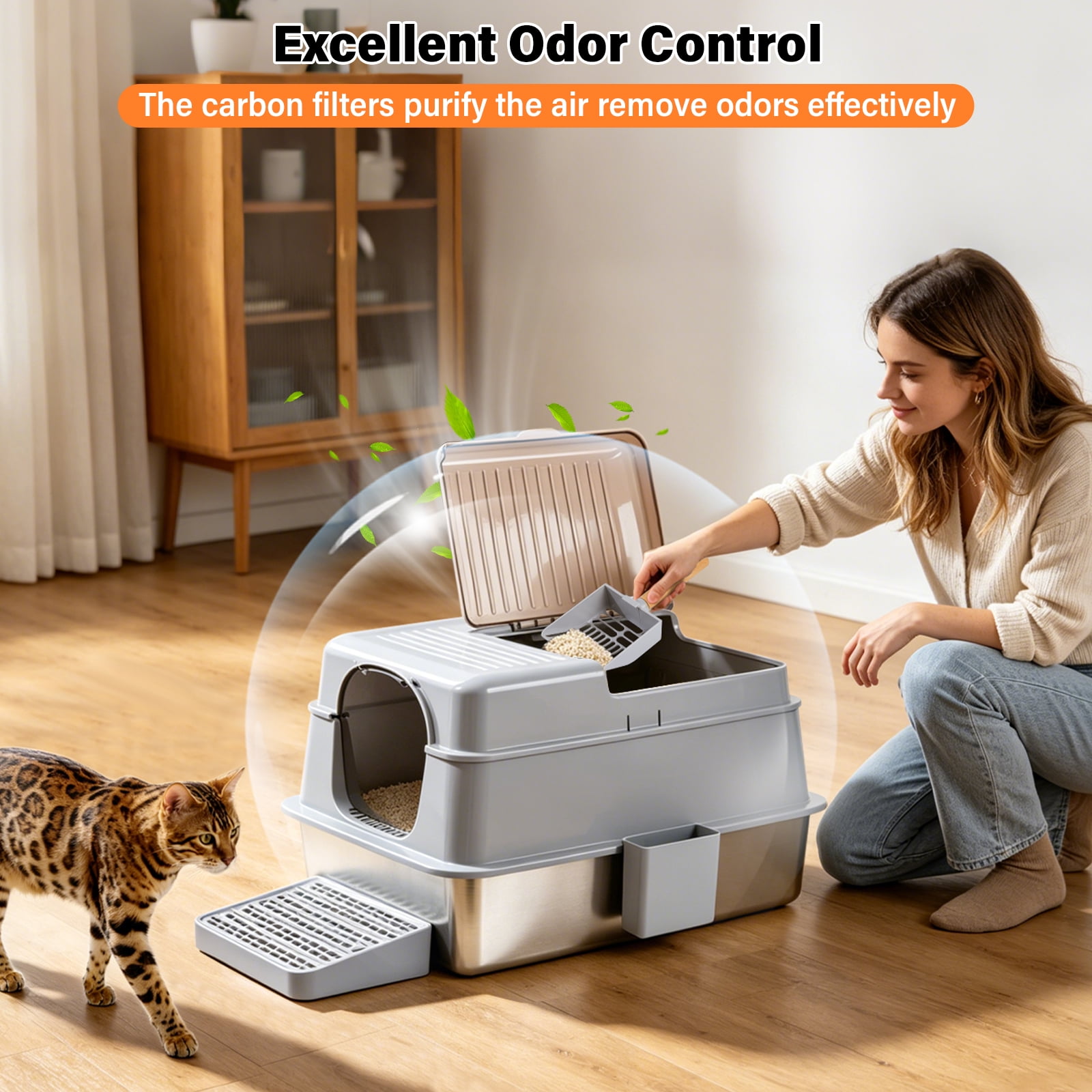 family cats　0830 Kovryx Cat Litter Box 3-Mode Fully Enclosed Stainless Steel Litter