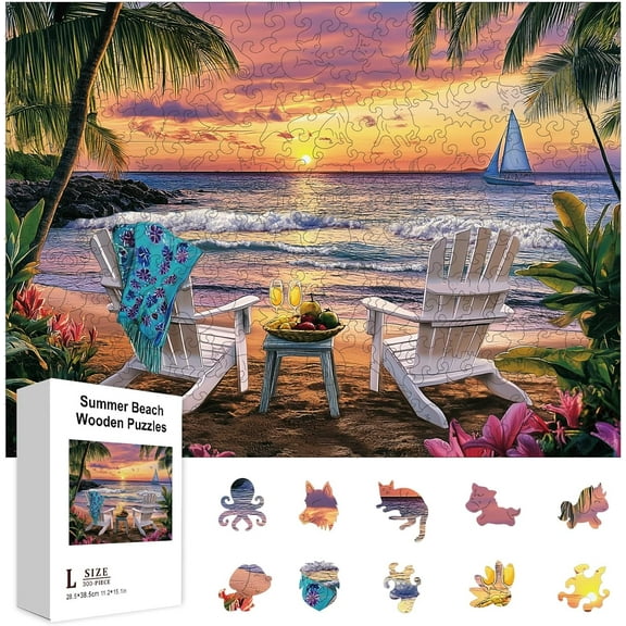 300Pcs Summer Beach Wooden Jigsaw Puzzles for Adult Learning Ocean Waves Wooden Puzzles Colorful Unique Shaped Wood Puzzles Birthday Gifts for Preschool Learning