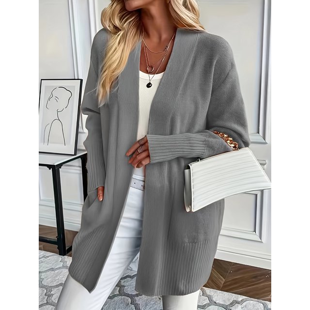 Solid Open Front Knit Cardigan Casual Long Sleeve Loose Sweater With Pocket Women's