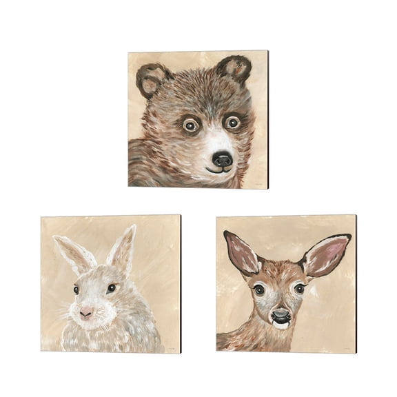 Great Art Now Brody the Bear, Benny the Bunny & Snowy the Deer by Cindy Jacobs 3 Piece Canvas Art Set Each 14"W x 14"H