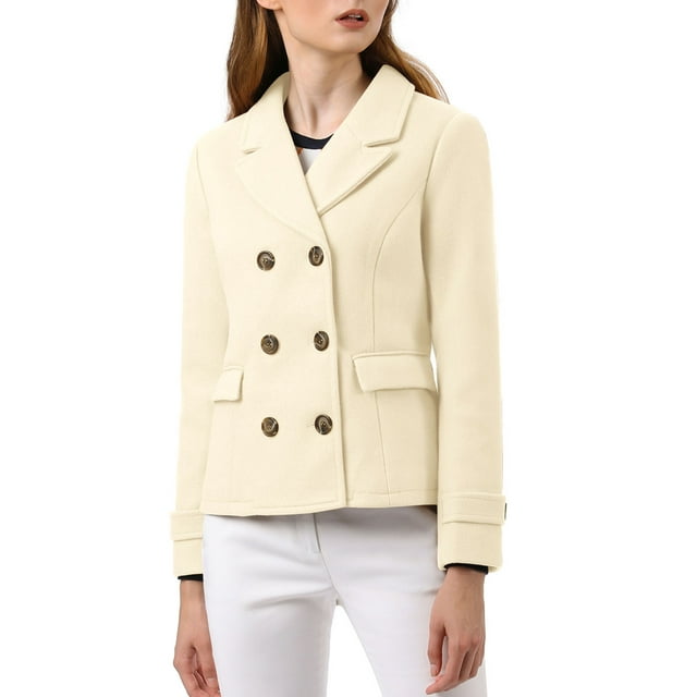 INSPIRE CHIC Women's Winter Worsted Notched Lapel Double Breasted Short Peacoat