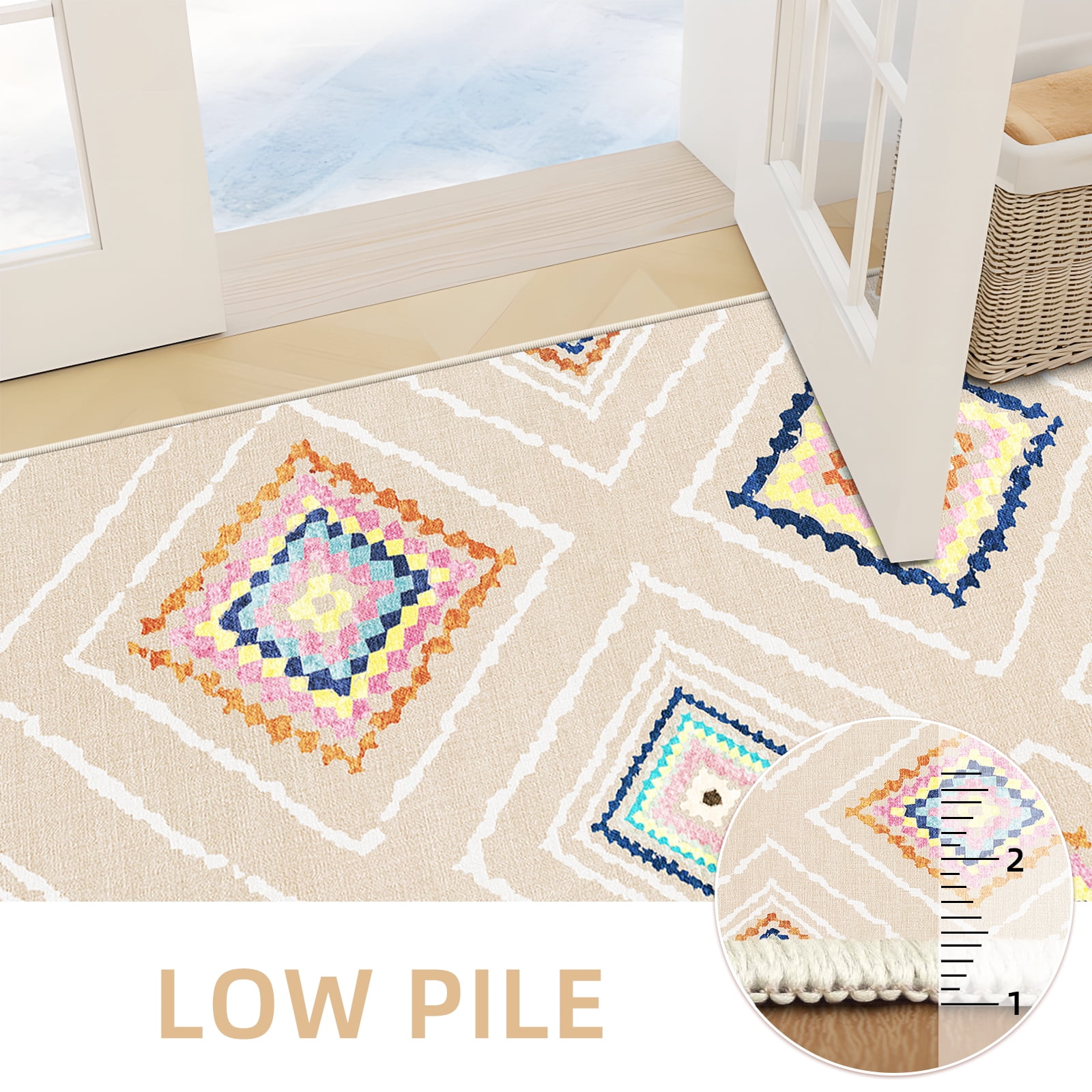 6'x9' Area Rugs for Living Room, Machine Washable Non-Slip Carpet, Soft Faux Wool Low Pile Moroccan Farmhouse Western Rug, Beige