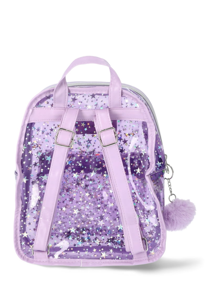 Justice Girls Iridescent Stars Mini Backpack Purple Clear Zip