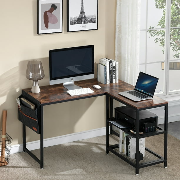 LShaped Computer Desk with Shelves and Side Pocket,Gaming Desk with