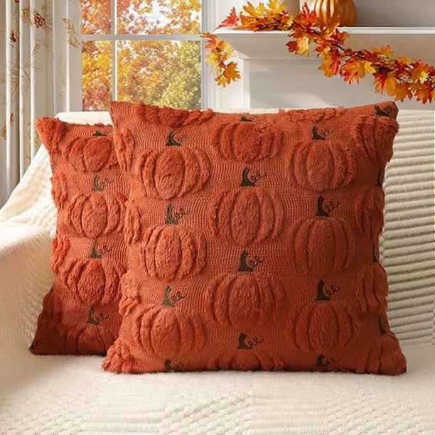 wonima02 4TH Emotion Fall Pumpkin Decorative Pillow Covers 20x20 Set of 2, Dark Rust Red Soft Plush Faux Fur Wool Farmhouse Throw Cushion Cases for Autumn Thanksgiving Holiday Home Decorations
