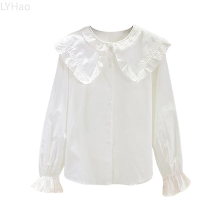 LYHao Kids Girls Long Sleeve Blouses Kids Elegant Ruffled Button Down Shirts School Tops Sizes 8-9 Years(White)