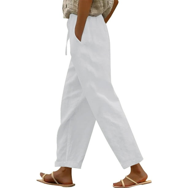 Pantalones casuales de lino para mujer: cintura alta con bolsillos laterales, pantalones largos para primavera/verano