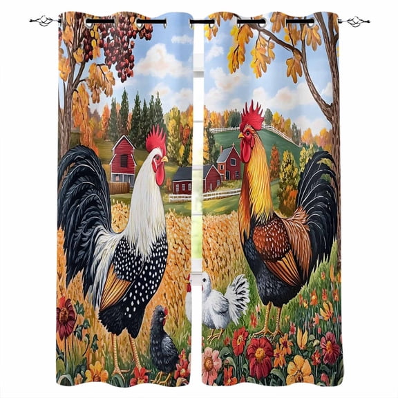 Yellow Retro Rooster Blackout Curtains for Bedroom/Living Room, Thermal Insulated Kitchen Curtains, Elegant Spring Floral Animals Grommet Darkening Window Treatment Drapes 42"x84"x2