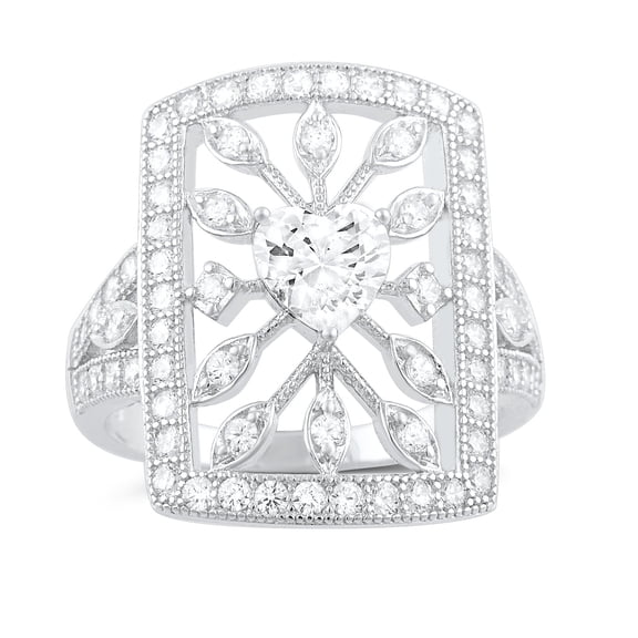 Sterling Silver Heart Cz Big Square Statement Ring for Women and Teens - Size 4