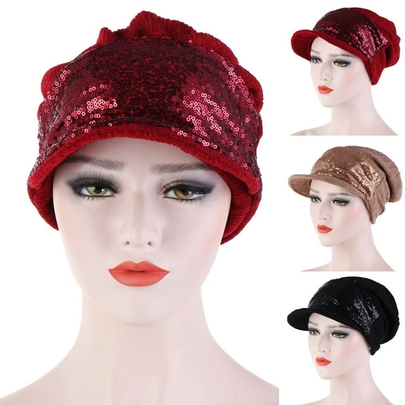 SPRING PARK Fashion Women Winter Warm Knit Hat Wide Brim Crochet Cap with Flower Sequin Decor