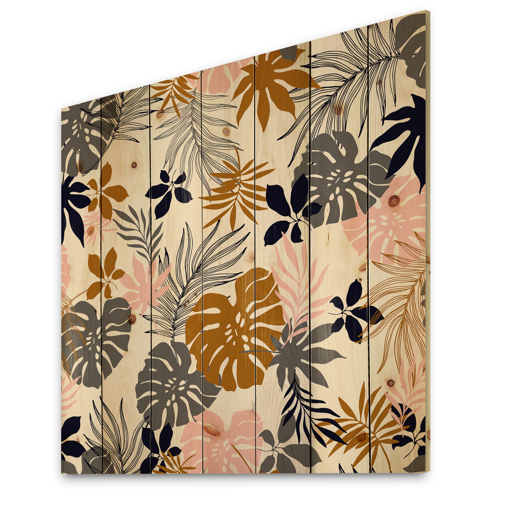 Designart 'Tropical Naturepalm Monstera Leaves In Silhouette On White' Traditional Print on Natural Pine Wood