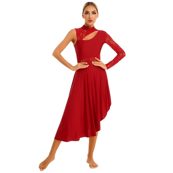 ZALDITA Women Lyrical Dance Dress Contemporary Dancewear One Shoulder Floral Flowy Lace Leotard Dress Red M