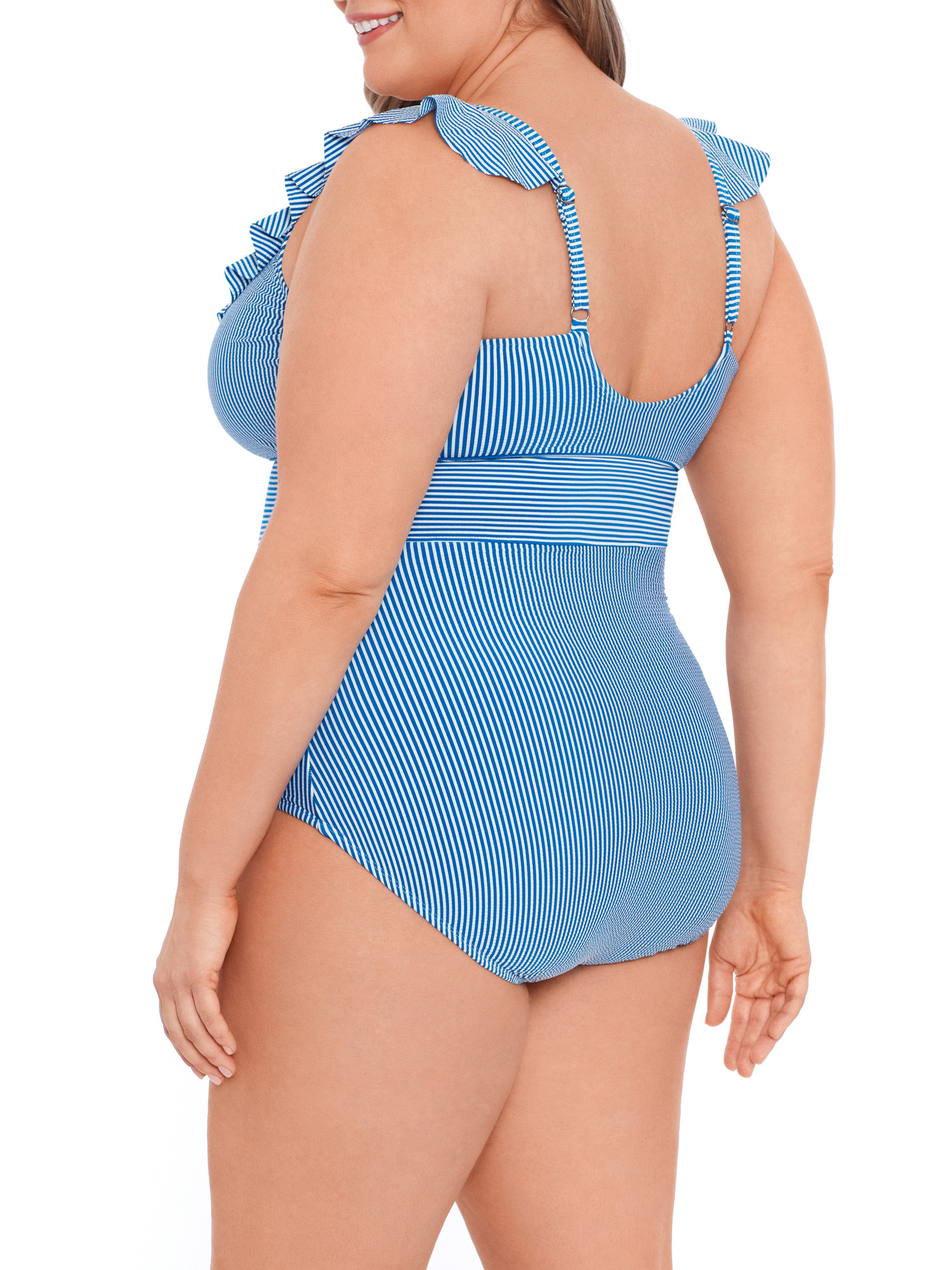 Time and Tru Women s Plus Blue Earth Seersucker Stripe One Piece