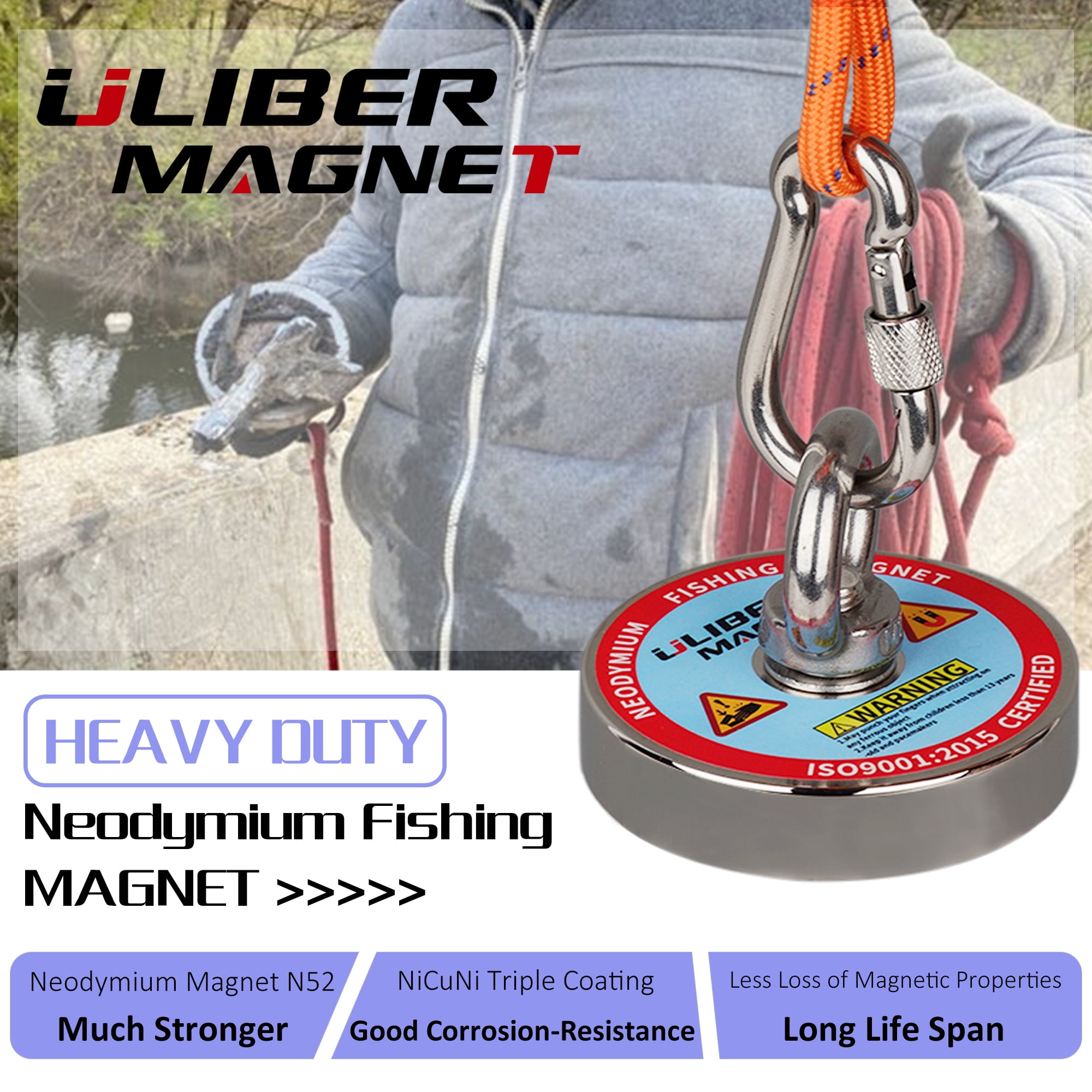 ULIBERMAGNET Ultra-Powerful Fishing Magnets 700LBS Pulling Force, N52 Neodymium Retrieval Fishing Magnets Diameter 75mm with Preferred Rope & Gloves Perfect Suitable Salvage, Treasure and Retrieving